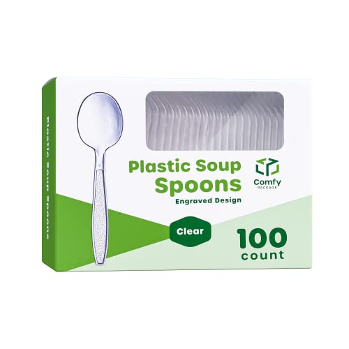 [100 Pack] Heavyweight Disposable Clear Plastic Soup Spoons - Engraved Design
