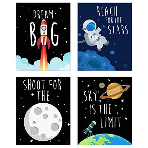 Book Cover Space Kids Nursery Bedroom Decor - Set of Four 8x10 Prints - Cute Inspirational Wall Art Decoration For Boys and Girls