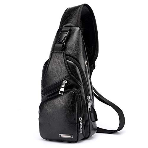 Men's Leather Sling Bag Multipurpose Daypack Shoulder Chest Crossbody Bag Black