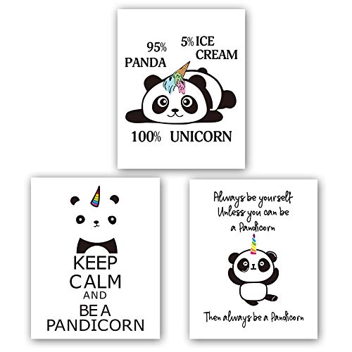 Unicorn Panda Art Print Set Of 3 (8â€X10â€ï¼‰, Motivational Canvas Wall Art, Keep Clam And Be A Pandicorn Printing For Kids Room Decoration, No Frame