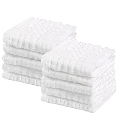 PPOGOO Baby Muslin Washcloths Natural Purified Cotton Baby Wipes Soft Newborn Baby Face Towel Baby Shower Gift 10 Pack Multipurpose