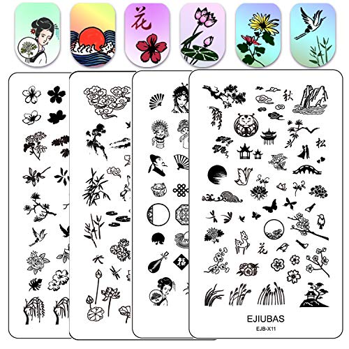 Ejiubas Nail Stamping Kit Stamping Plates Double Sided Nail Plates Chinese Tradition Style DIY Image Plates Set EJB-X11 X12