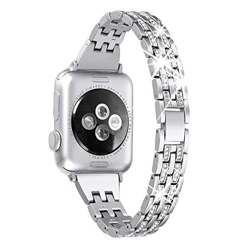Book Cover Secbolt Bling Bands Compatible with Apple Watch Band 38mm 40mm 41mm Women iWatch SE Series 7 6 5 4 3 2 1, Dressy Jewelry Metal Wristband Strap Diamond Rhinestone, Silver