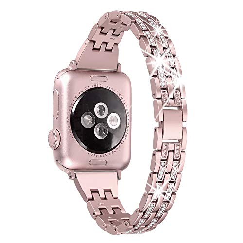 Book Cover Secbolt Bling Bands Compatible Apple Watch Band 38mm 40mm Women iWatch Series 6 5 4 3 2 1 SE, Dressy Jewelry Metal Wristband Strap Diamond Rhinestone, Rose Gold