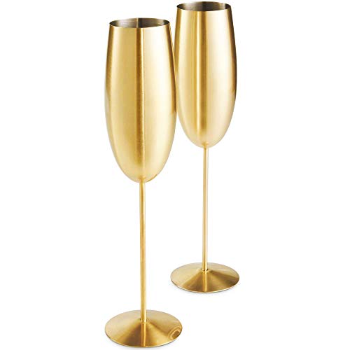 VonShef Champagne Flutes, Set of 2 Brushed Gold Prosecco Glasses w/Gift Box, Stainless Steel Shatterproof Champagne Coupes for Indoor & Outdoor Use