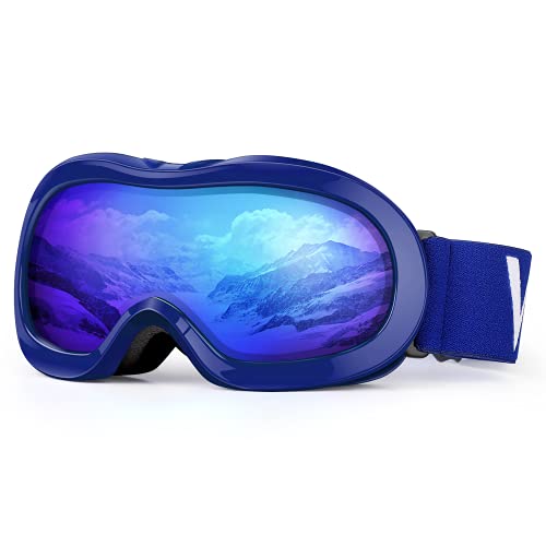Book Cover Kids Ski Goggles, Snowboard Goggles - VELAZZIO OTG Snow Goggles Anti-Fog Double-Layer Lenses, 100% UV Protection (Blue Frame/Blue Lens with REVO Blue Coating (VLT 52%))