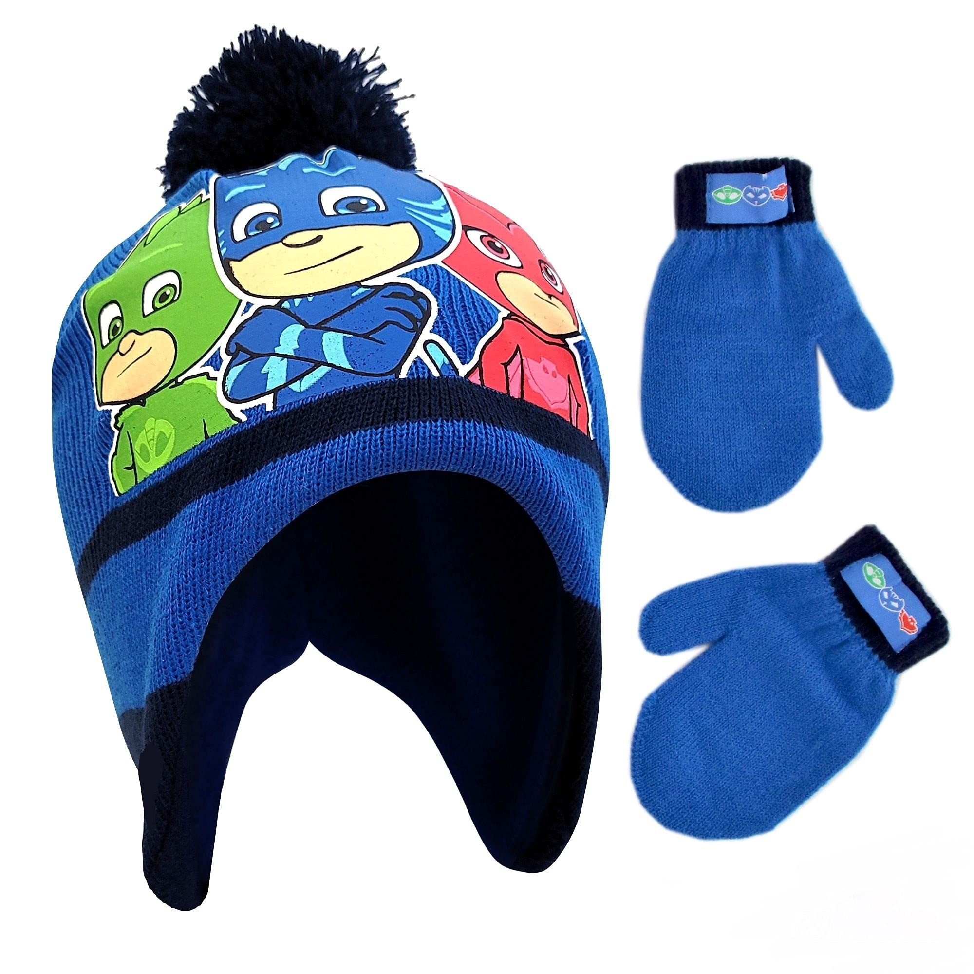 Book Cover PJ Masks Boys' Winter Accessory Hat and Mittens Set, Toddler Beanie for Kids Ages 2-4 Dark Blue Ages 2-4