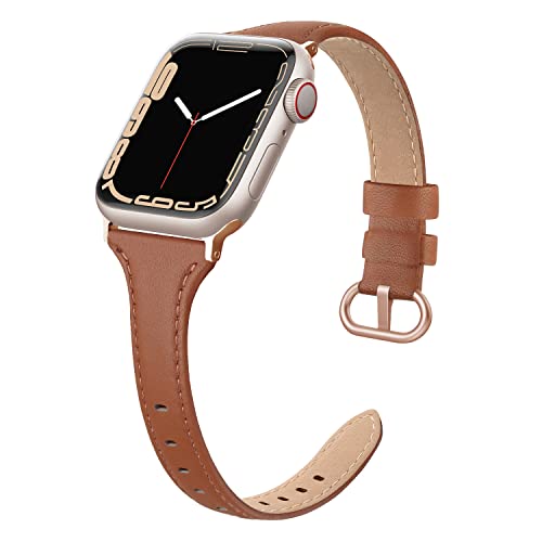 Book Cover SWEES Leather Band Compatible for Apple Watch 38mm 40mm 41mm, Slim Thin Dressy Elegant Genuine Leather Strap Compatible for iWatch Series 8, 7, 6, 5, 4, 3, 2, 1, SE, Sport & Edition Women, Brown