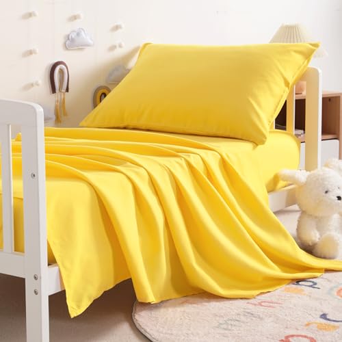 NTBAY 3-Piece Microfiber Toddler Sheet Set, Solid Crib Fitted Sheet Flat Sheet and Envelope Pillowcase, Baby Bedding Sheet & Pillowcase Sets, Yellow