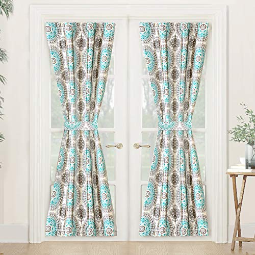 Book Cover DriftAway Bella Door Curtain Sidelight Curtain Thermal Rod Pocket Room Darkening Privacy French Panel Single Curtain with Adjustable Tieback 52 Inch by 72 Inch Plus 1.5 Inch Header Aqua and Gray