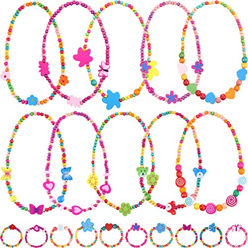 Bememo 10 Pieces Colorful Wooden Jewelry Collections Party Favor Princess Necklace Bracelet Set (Style 2)