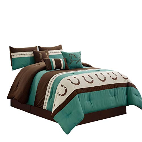 WPM WORLD PRODUCTS MART 7 Piece Rustic Comforter Set. Brown/Beige/Teal Horseshoe, Horse, Barb Wired Embroidered Bed in a Bag Western Cowboy Bedding Set- JENA (Teal, Queen)