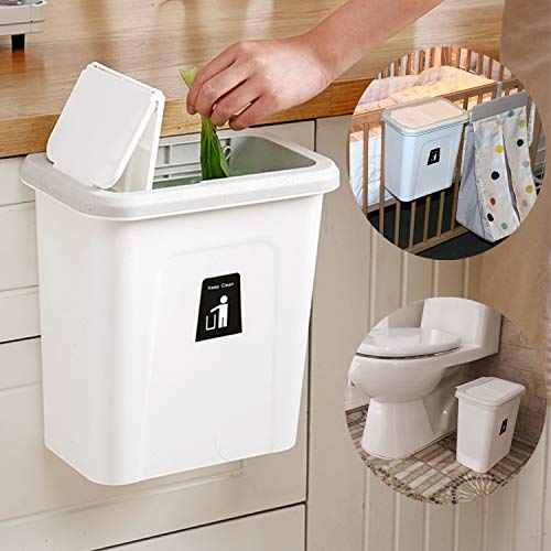 KaryHome Small Trash Can with Lid for Kitchen Cabinet Door,Diaper Pail,Hanging Garbage Can for Baby Crib and Narrow Spaces,2.6 Gallon White