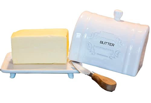 French Design Ceramic Butter Dish with Lid - Vintage Ceramic Butter Holder - Decorative Butter Keeper with Embossed, French, Shabby Chic Design - Convenient, White Butter Container