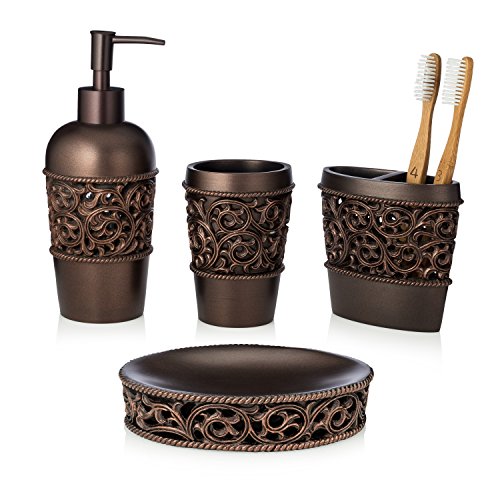 Book Cover EssentraHome 4-Piece Bronze Bathroom Accessory Set, Complete Set Includes: Toothbrush Holder, Lotion Dispenser, Tumbler and Soap Dish