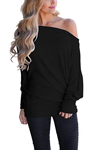 Lacozy Women's Off Shoulder Long Sleeve Oversized Pullover Sweater Knit Jumper Loose Tunic Tops