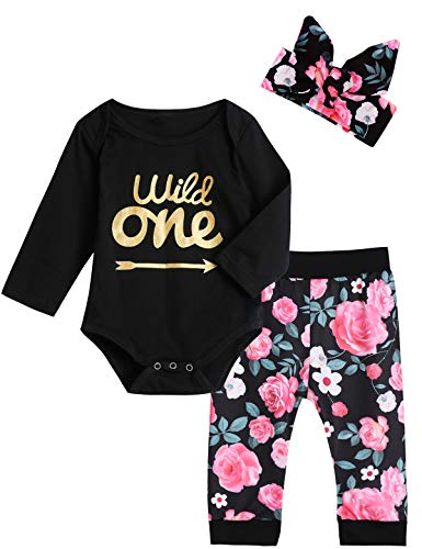 Book Cover Baby Girls Floral Outfit Set Wild One Pant Clothing Set with Headband (12-18 Months, Black Long)