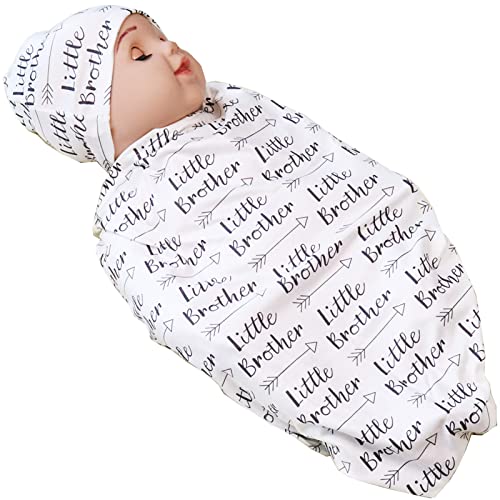 Newborn Swaddle Blanket with Beanie Set,Soft Stretchy Cocoon Sack for 0-3 Months Baby Boys and Girls (Brother)