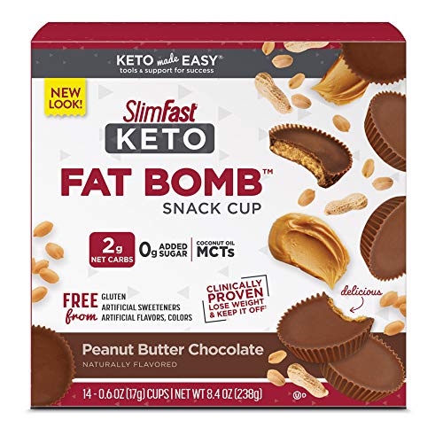 Book Cover SlimFast Keto Fat Bomb Snack Cup, Peanut Butter Chocolate, Keto Snacks for Weight Loss, Low Carb with 0g Added Sugar, 14 Count Box