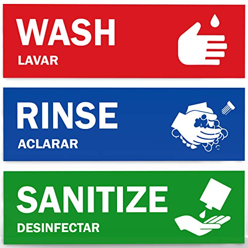Wash Rinse Sanitize Sink Labels - 2.75" x 9" - Also Includes Hand Wash Only Sign - Ideal Handwashing Signs for 3 Compartment Sink - Perfect Label Stickers for Restaurant, Commercial Kitchen, Food Truck, Bussing Station, Wash Station