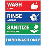 Wash, Rinse, Sanitize Sink Labels - 2.75" x 9" - Also Includes Hand Wash Only Sign - Ideal Handwashing Signs for 3 Compartment Sink - Perfect Sticker Signs for Restaurants, Commercial Kitchens, Food Trucks, Bussing Stations, Dishwashing or Wash Station