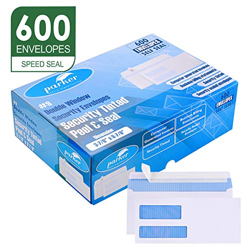Parker #9 Double Window SELF SEAL Security Envelopes - 600 Per Box - Used for QuickBooks Invoices, Business Correspondence and Legal Documents - Security Tinted - Peel & Seal - 3 7/8" x 8 7/8" - 24 LB
