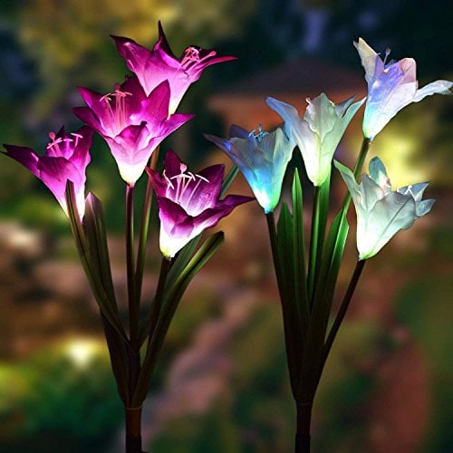 Book Cover [2 Pack] Solar Garden Lights with 8 Lily Flowers | Color Changing LED Solar Stake Lights for Garden, Patio, Path, Backyard