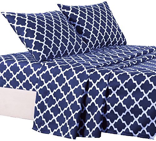 Book Cover Lux Decor Collection Bed Sheet Set - Brushed Microfiber 1800 Bedding - Wrinkle, Stain and Fade Resistant - Hypoallergenic - 4 Piece (Queen, Quatrefoil Navy Blue)