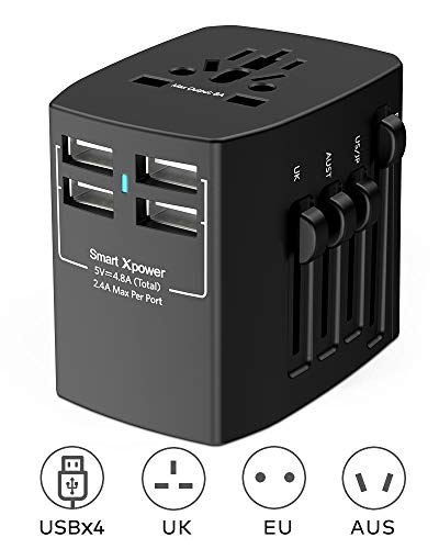 Book Cover Xcentz Universal Travel Adapter, 4 USB Ports 4.8A Wall Charger Power Adapter AC Plug Adapter, 2000W High Power All in One Travel Adapter for USA EU UK AUS European Cell Phone Tablet Laptop