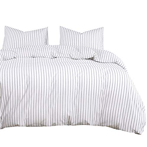 Book Cover Wake In Cloud - White Striped Duvet Cover Set, 100% Washed Cotton Bedding, Black Vertical Ticking Stripes Pattern Printed on White, with Zipper Closure (3pcs, Full Size)