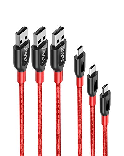 Book Cover USB Type C Cable, Anker [3-Pack] Powerline+ USB-C to USB-A, Double-Braided Nylon Fast Charging Cable, for Samsung Galaxy S10/ S9 /S9+ /S8, MacBook and More(Red)(3ft+6ft+10ft)