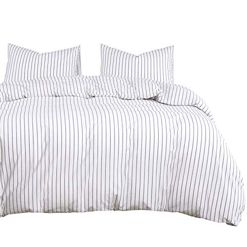 Wake In Cloud - White Striped Duvet Cover Set, 100% Washed Cotton Bedding, Black Vertical Ticking Stripes Pattern Printed on White, with Zipper Closure (3pcs, California King Size) California King White