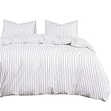 Wake In Cloud - Striped Cotton Duvet Cover Set, Ticking Stripe Vertical Pinstripe Farmhouse, 100% Washed Cotton Textured Bedding Set, 3 Pieces, White, California King Size