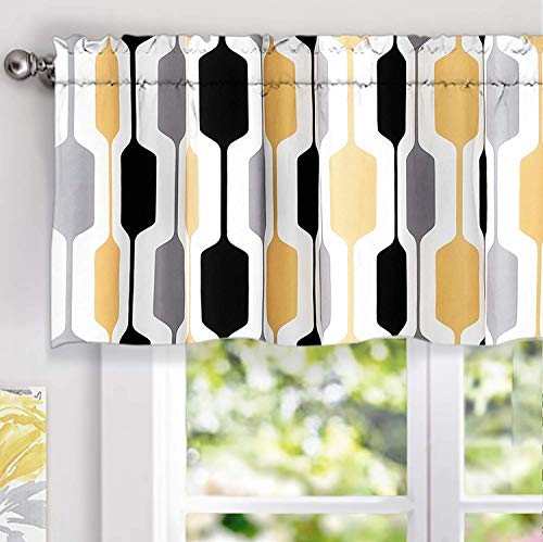Book Cover DriftAway Riley Geo Lined Window Curtain Valance Mid Century Geometric Pattern 2 Layers Rod Pocket 52 Inch by 18 Inch Plus 2 Inch Gold Black Gray