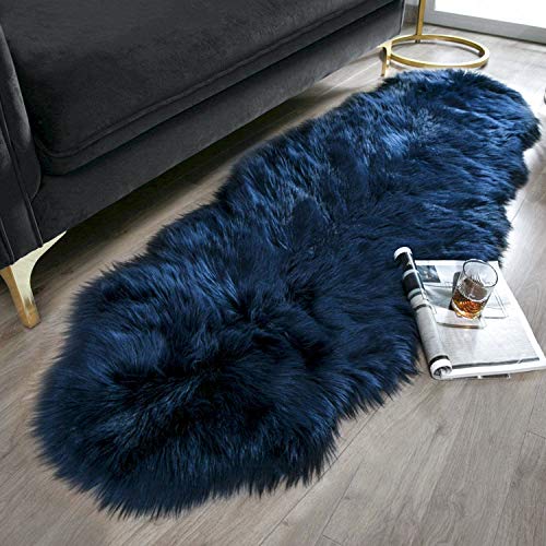 Book Cover Ashler Soft Faux Sheepskin Fur Chair Couch Cover Navy Blue Area Rug for Bedroom Floor Sofa Living Room 2 x 6 Feet