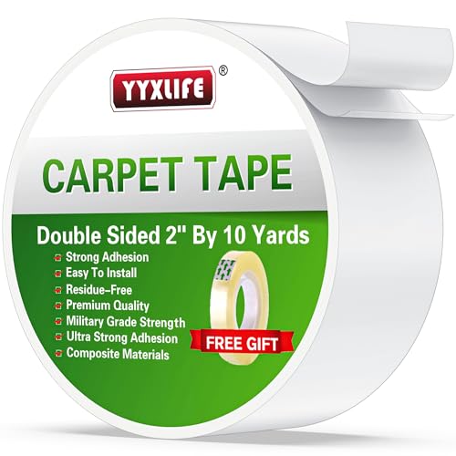 YYXLIFE Double Sided Carpet Tape for Area Rugs Carpet Adhesive Removable Multi-Purpose Rug Tape Cloth for Hardwood Floors, Outdoor Rugs,2 Inch x 10 Yards, White