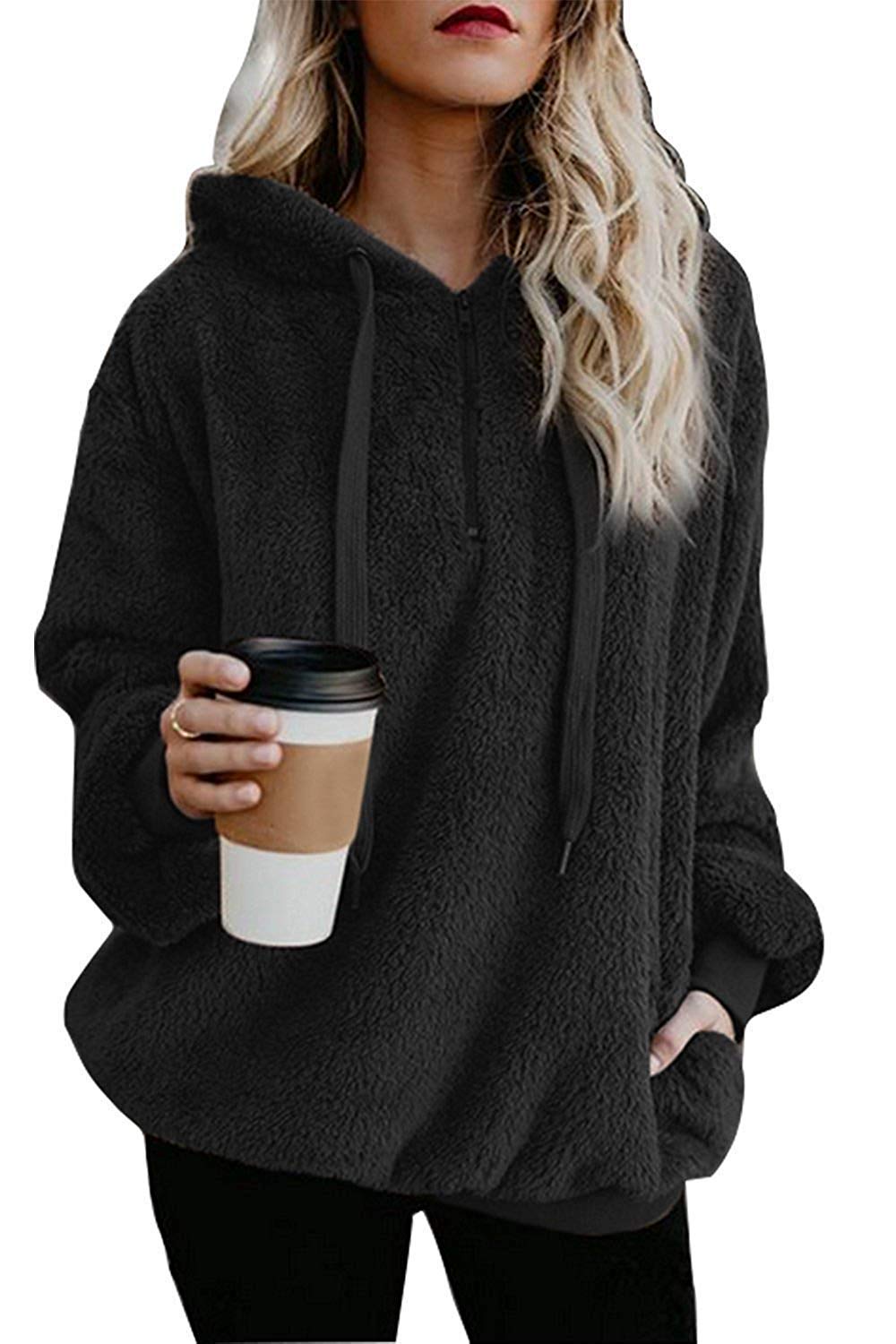 Book Cover ReachMe Womens Oversized Sherpa Pullover Hoodie with Pockets Fuzzy Fleece Sweatshirt Tie Dye Fluffy Coat Small A Black