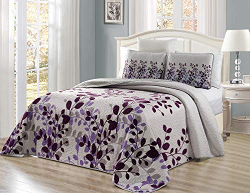 Book Cover 3-Piece Fine Printed Fresca Quilt Set Reversible Bedspread Coverlet (Double) Full Size Bed Cover (Purple, Grey, Vine)