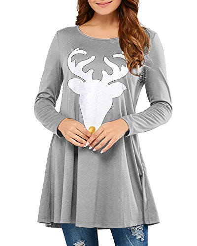 Book Cover kenoce Women's Christmas Long Sleeve Tunic Tops Dress Reindeer Sequin Print Shirts Blouse Grey S