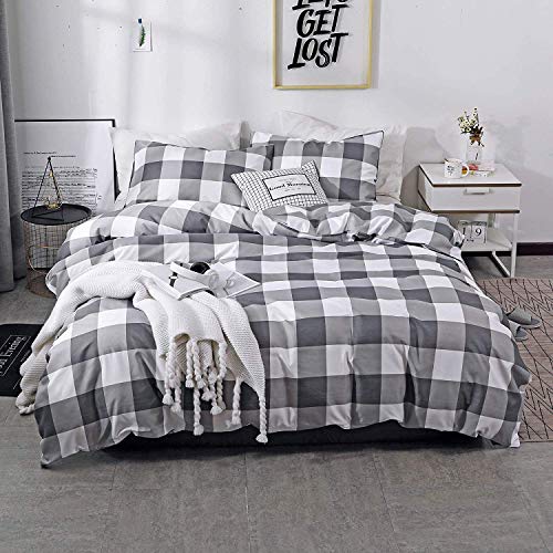 Book Cover Nokolulu Farmhouse Buffalo Check Gingham Simple Geometric Square Pattern Bedding Set Modern and Fashionable Plaid Anti Allergy Duvet Cover with Sham Set for Home (King, Grey)
