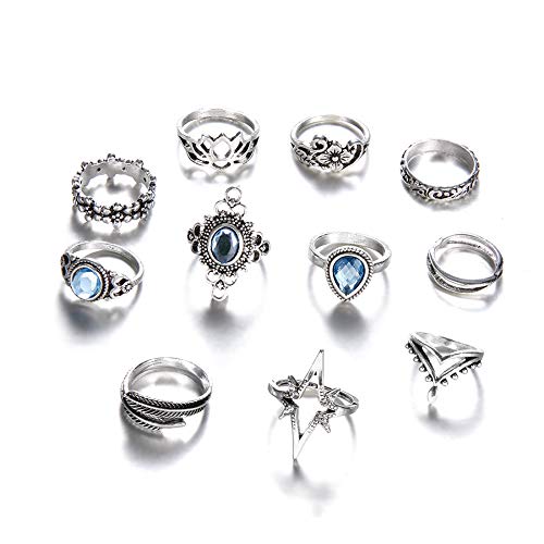 POYDORA ZhaoGe 11 Pcs Vintage Flower Star Knuckle Ring Set Bohemian Retro White Rhinestone Joint Knuckle Nail Midi Ring Finger Rings Set