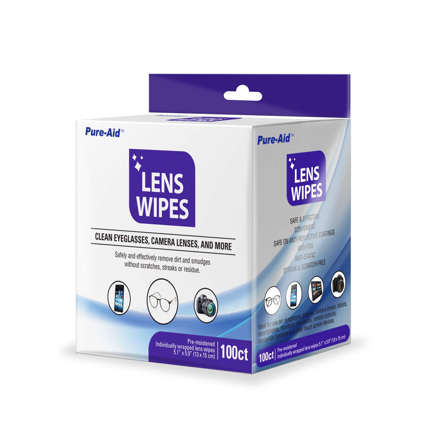 Pure-Aid Lens Wipes, Cleans Eyeglasses, Camera Lenses, Smart Phones and More - 100ct (Individually Wrapped Wipes) per pack (1pk) Stocking Stuffers Gift
