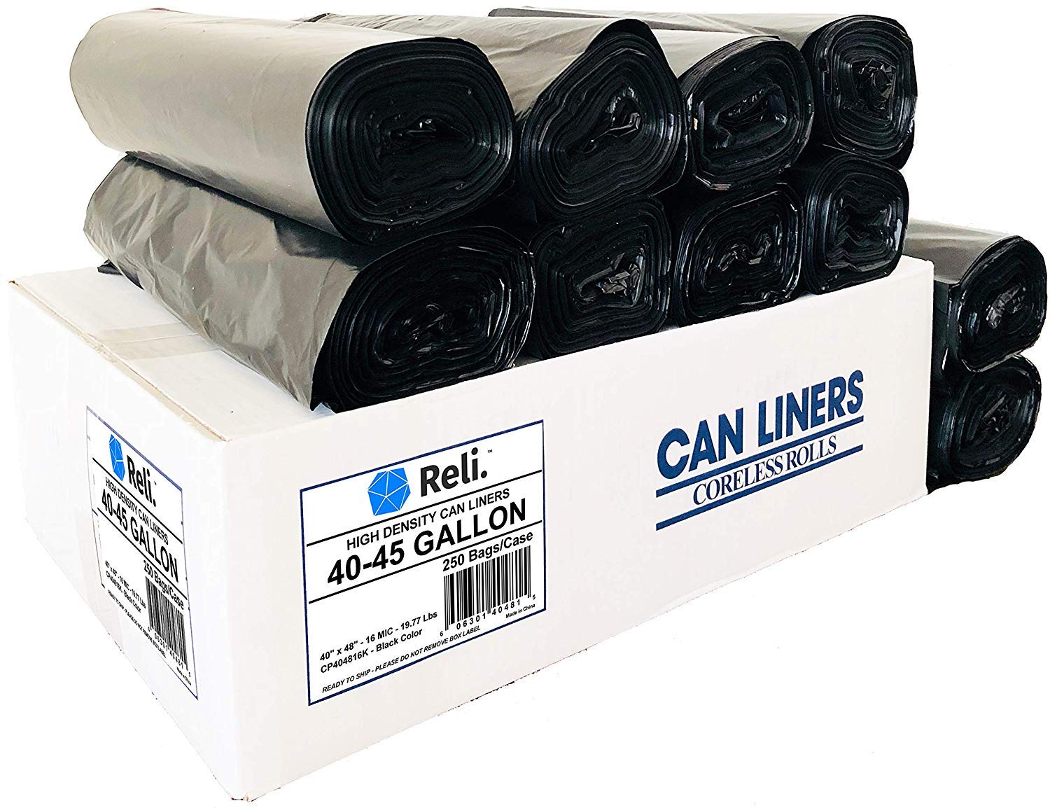 Book Cover Reli. Trash Bags, 40-45 Gallon (250 Count Wholesale) - Star Seal High Density Rolls (Black) - Can Liners, Garbage Bags with 40 Gallon (40 Gal) to 45 Gallon (45 Gal) Capacity