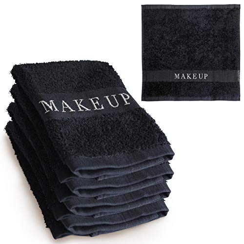The Little Black Towel Makeup Remover Cloth (4 Pack) Plush Washcloths for Gentle Face Wash & Removing Eye Liner & Mascara, plus Foundation Eraser w/ Bleach Resistant Cotton & Soft Jacquard Lettering