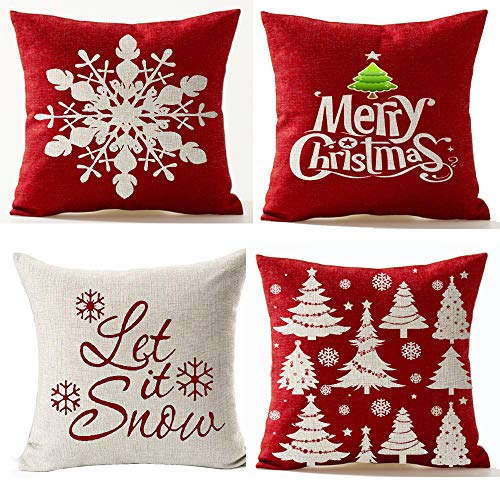 Book Cover Andreannie Set of 4,Merry Let It Snow Snowflake Red Cotton Linen Decorative Throw Pillow Cover Cushion Case for Home Sofa Square 18 InchesÂ¡Â­