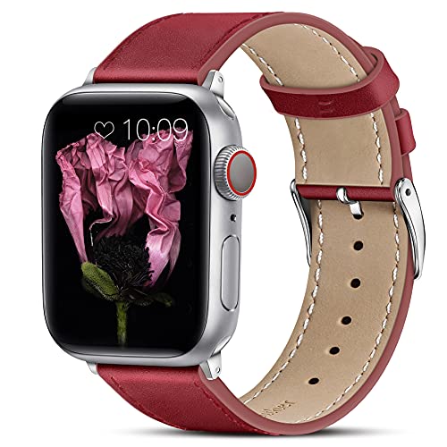 Book Cover Marge Plus Compatible with Apple Watch Band 42mm 44mm, Genuine Leather Replacement Band Compatible with Apple Watch SE Series 6 5 4 (44mm) Series 3 2 1 (42mm), Red Band/Silver Adapter