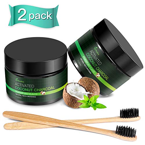 Book Cover Teeth Whitening[2 Pack],MayBeau Organic Activated Charcoal Powder with 2 Bamboo Toothbrushes,Safe and Natural Tooth Whitener for Teeth Stain Removal(4.2 Ounce)