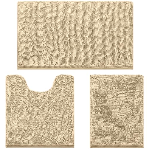 HOMEIDEAS 3 Pieces Bathroom Rugs, Ultra Soft Non Slip Absorbent Chenille Toilet Bath Mat Set (Beige)