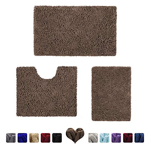 HOMEIDEAS 3 Pieces Bathroom Rugs Set Brown, Luxury Soft Chenille Bath Mats Set, Absorbent Shaggy Bath Rugs & Slip Resistant Plush Carpets Mats for Tub, Shower, Bathroom
