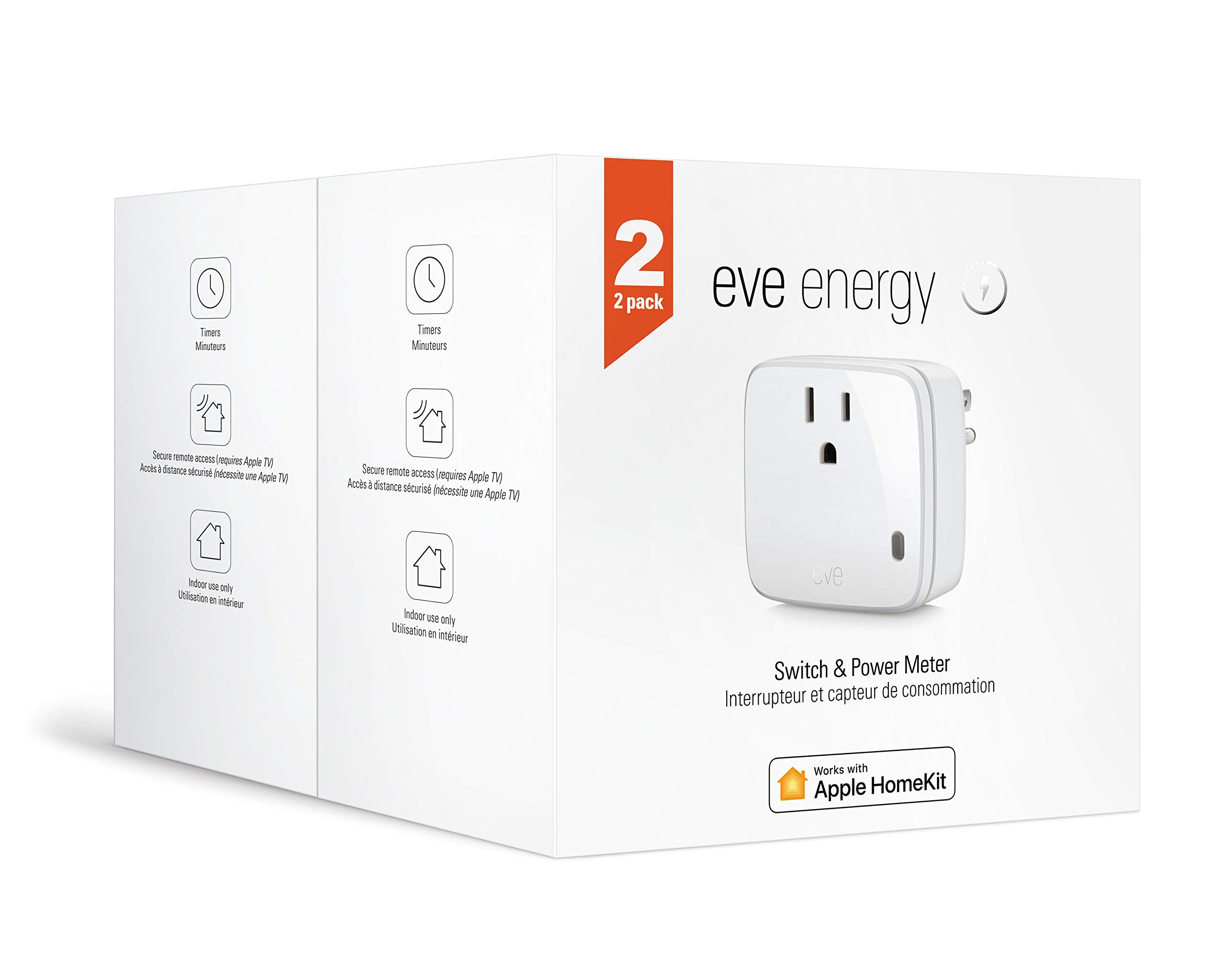 Eve 10EAG4101-2X Energy - Apple HomeKit Smart Home Plug & Power Meter With Built-In Scedules & Switches, Voice Control, 2 Pack, White, 2 Count